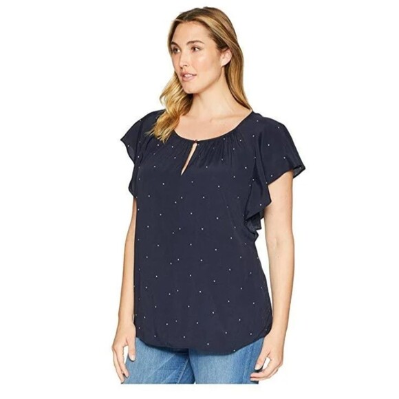 Vince Camuto Soho Pindot Flutter Sleeve Keyhole Blouse Sz 1X - Picture 1 of 11